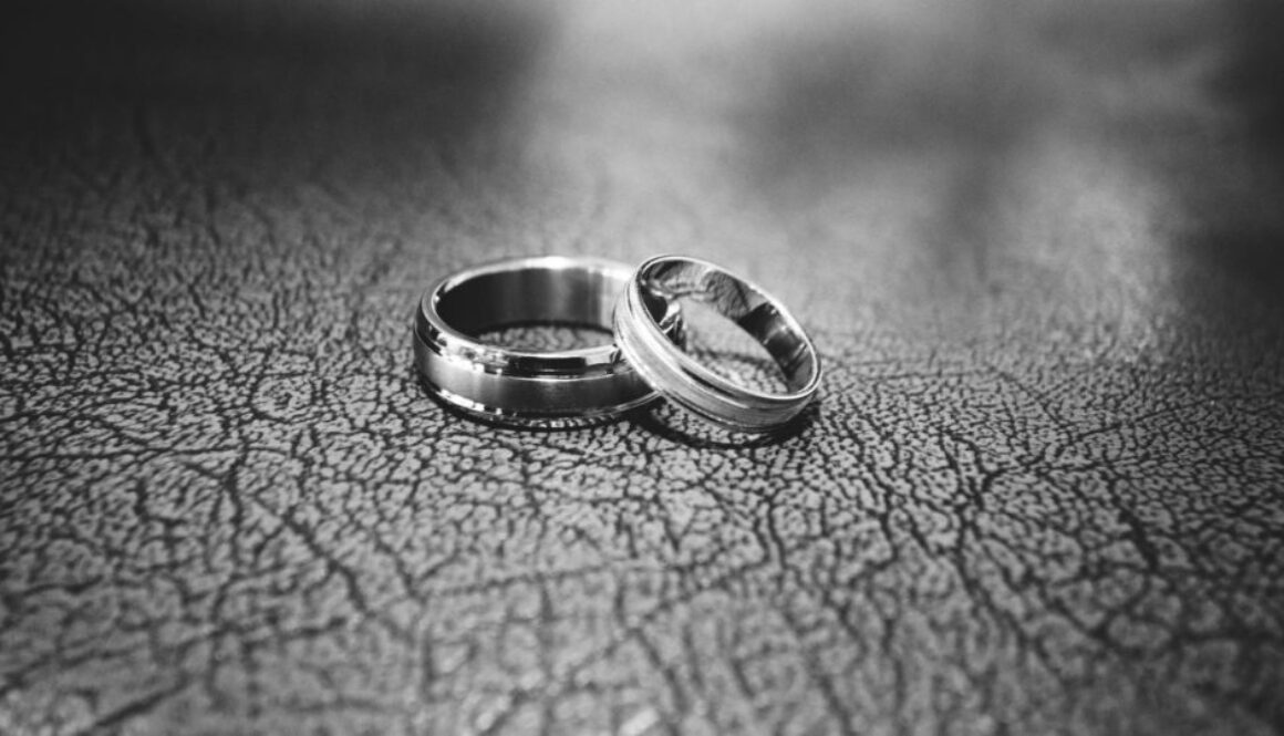 close up of wedding rings on floor