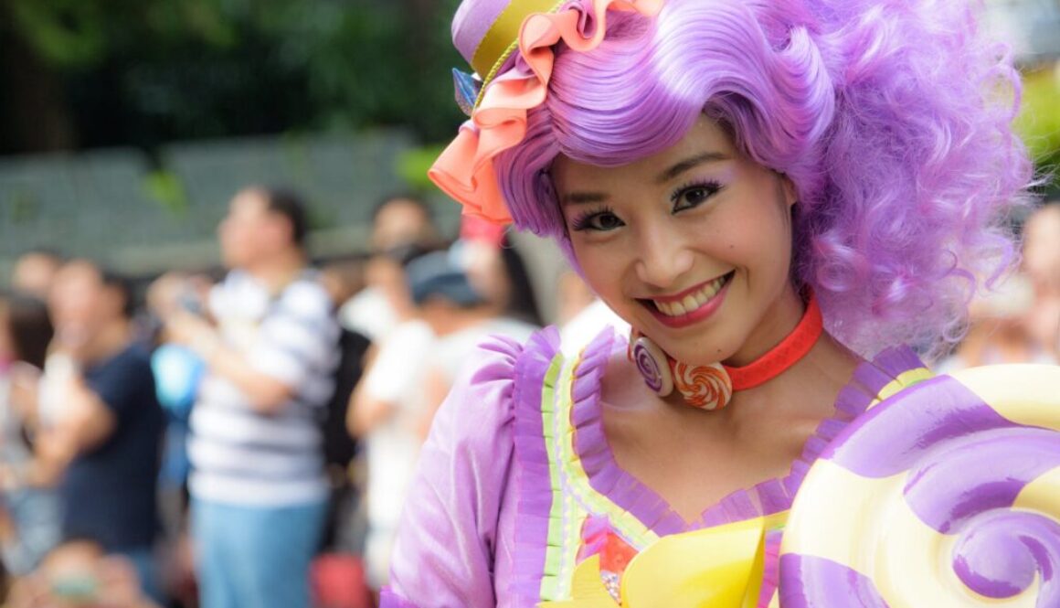 woman wearing purple wig and dress