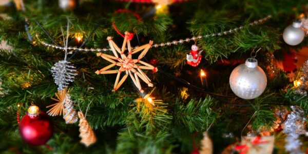 close up of christmas decoration hanging on tree