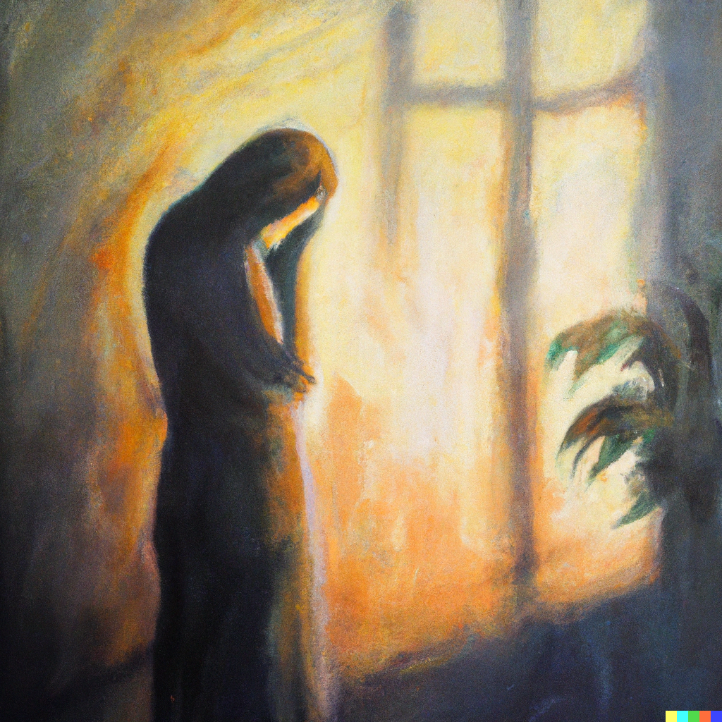 DALL·E 2023-03-21 16.13.34 - Oil painting of a shadow of a grieving woman at the window